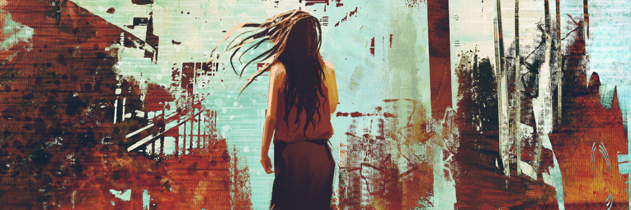 Keeping Your Parkinson’s Under Control When Your Life Isn’t woman standing against abstract achitecture with grunge texture,illustration art