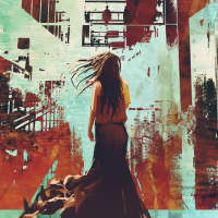 woman standing against abstract achitecture with grunge texture,illustration art