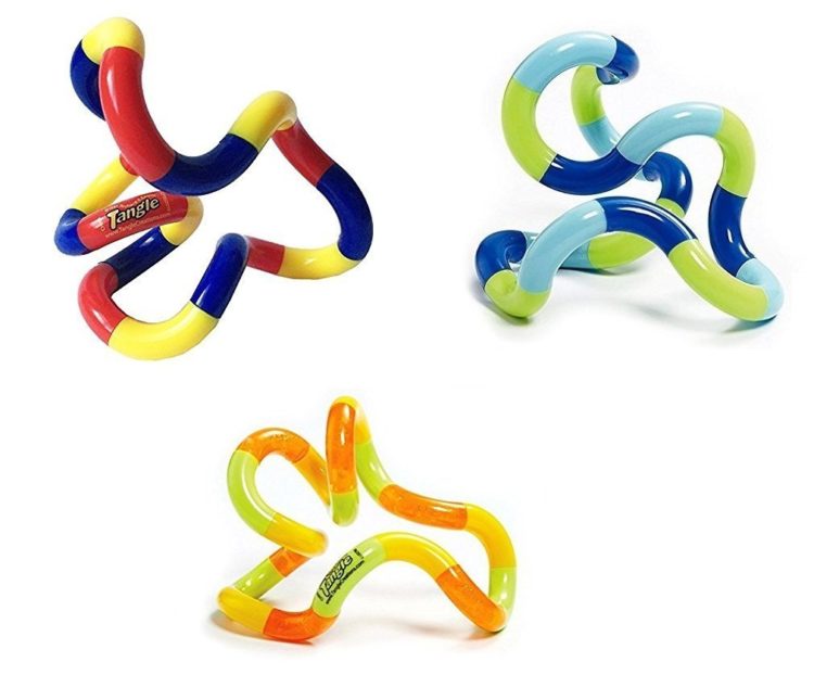A set of three tangle fidget toys in varying colors.