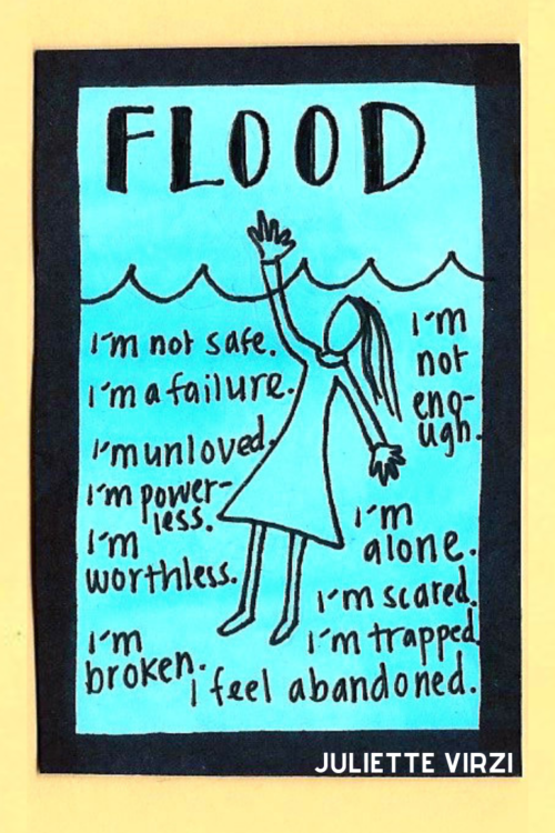 Flood image - illustration of woman drowning with phrases around her like "I'm not safe," "I'm powerless" and "I'm trapped."