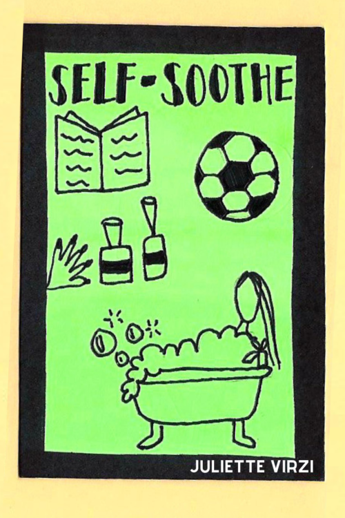 Self-soothe illustration. Woman sitting in bath tub, book, nail polish and soccer ball