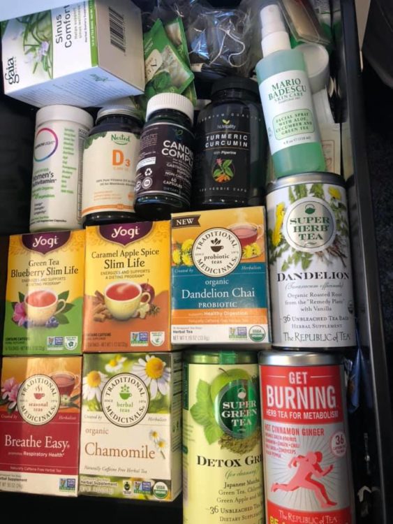 drawer filled with tea and vitamins