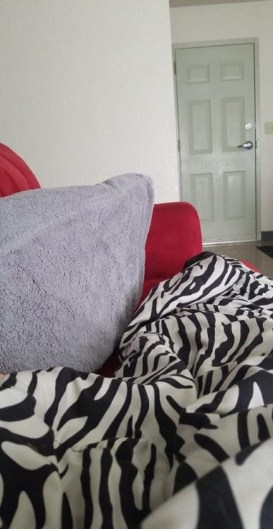 blankets on couch with door in background