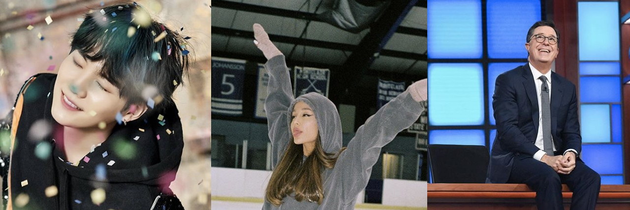 17 Celebrities Who Live With Anxiety Image of Suga from BTS, Ariana Grande and Stephen Colbert.