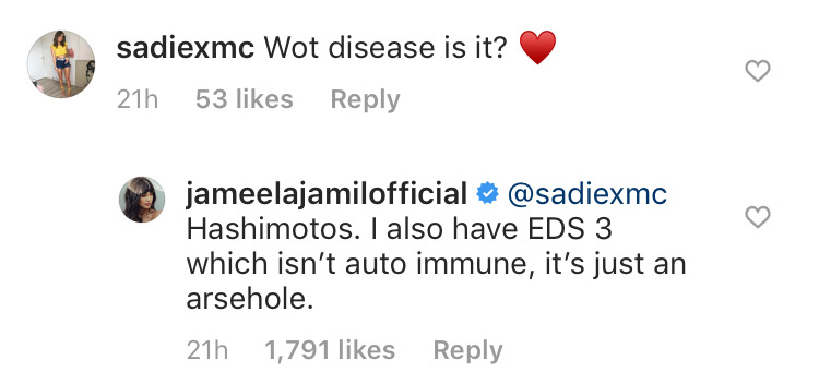 Jameela Jamil confirming she has Hashimoto's thyroiditis on Instagram