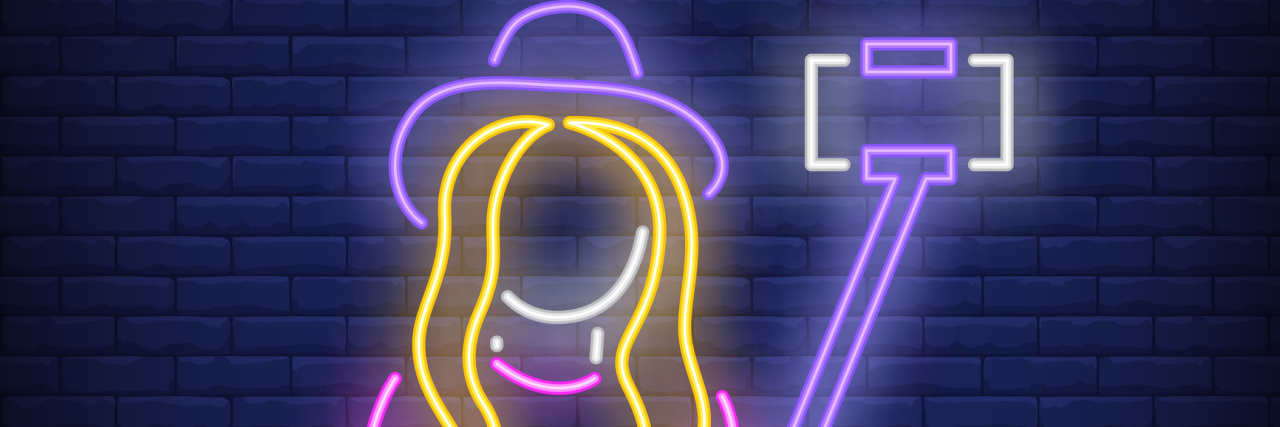 Lady taking selfie photo neon sign. Fashion, beauty and advertisement design. Night bright neon sign, colorful billboard, light banner. Vector illustration in neon style