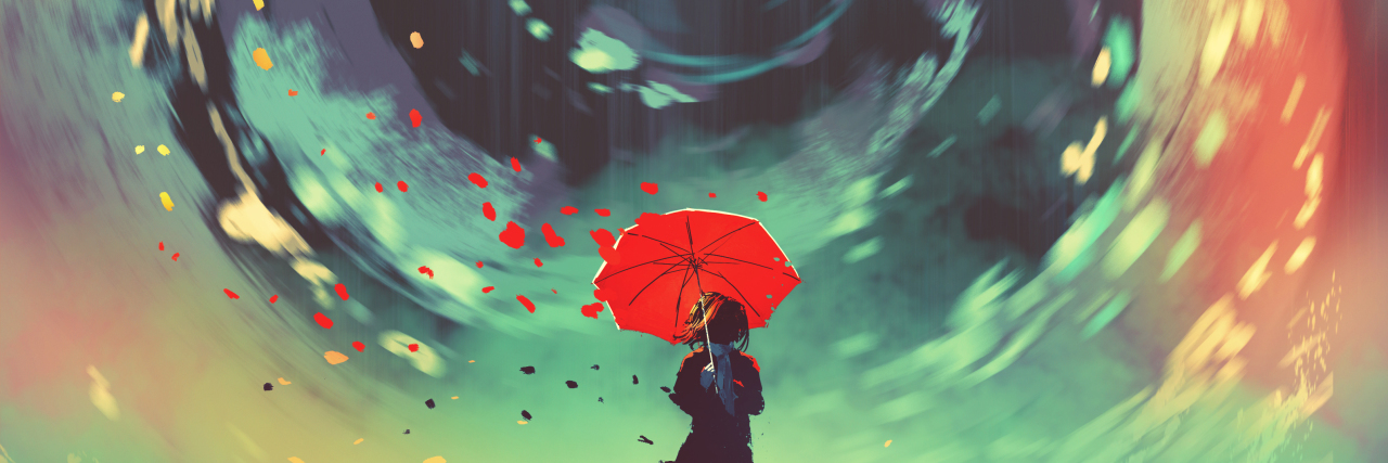 digital illustration of woman with red umbrella and swirling ring of colour in sky