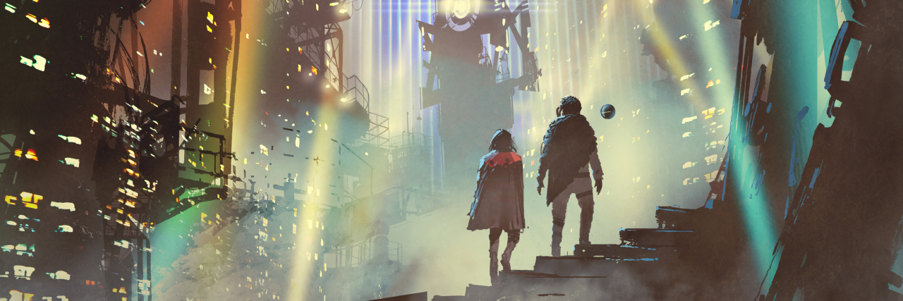How Living in 'Parallel Universes' Helps Me Navigate Life With DID couple in the futuristic city at night with buildings and light beams, digital art style, illustration painting