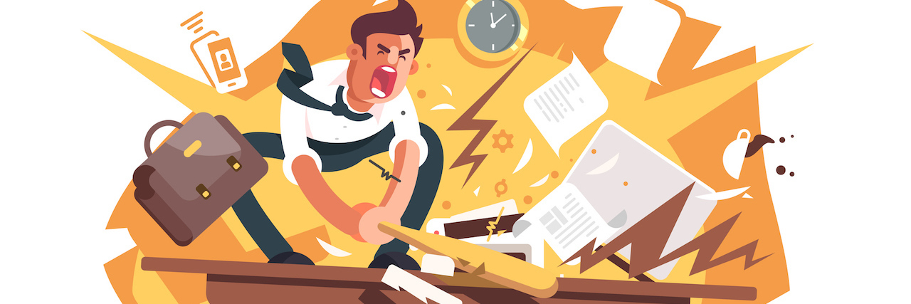 What to Say to an Angry, Abusive Boss An angry man hitting his desk with a bat (cartoon)