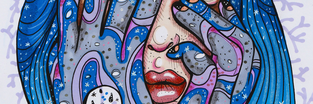 Going Thorough Parent's House After They Die From Cancer Illustration of a woman with blue hair covering her face with her hands