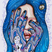 Illustration of a woman with blue hair covering her face with her hands