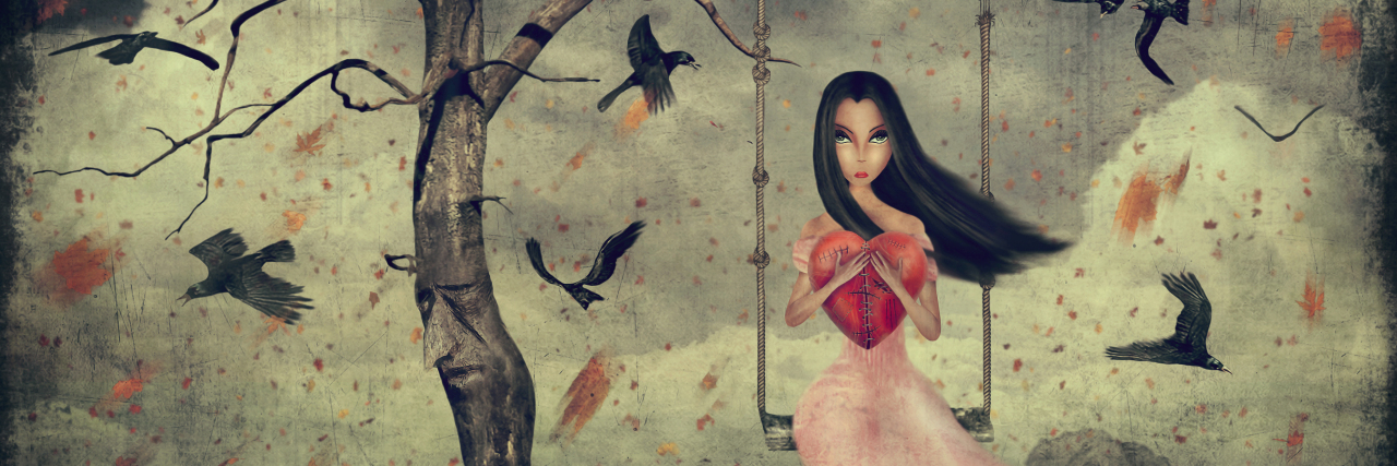 It’s OK to Not Be OK Sometimes Woman on a swing in the dark forest, storm clouds in the sky.