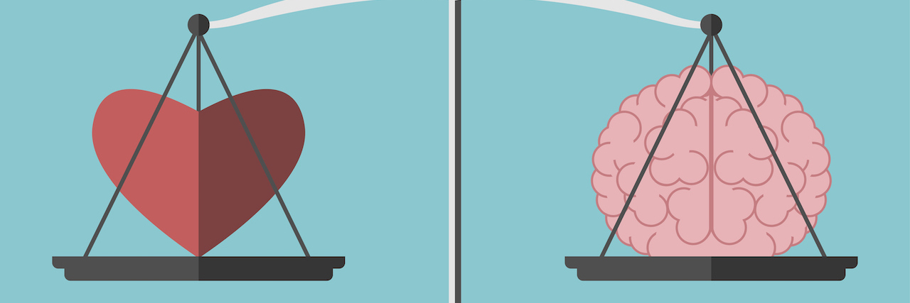 Difficulty Balancing Life and Taking Care of Your Mental Health Illustration of Heart and brain on scales