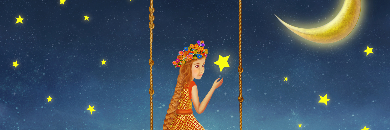 Woman on a swing in starry sky.