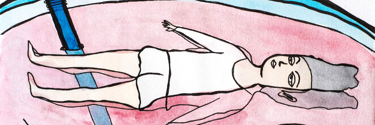 Why We Can't Be Honest About Our Mental Health An illustration of a woman lying on a class of pink lemonade with mint leaves flowing besides her