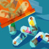 illustration of men and women inside pill capsules tumbling out from a pill container