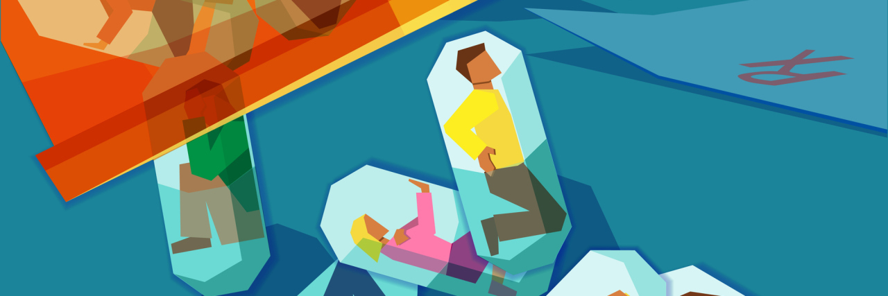 Talking About Opioid Crisis With Compassion for People With Addictions illustration of men and women inside pill capsules tumbling out from a pill container