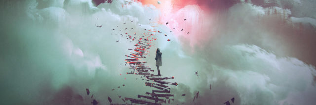 young woman standing on broken stairs leading up to sky, digital art style