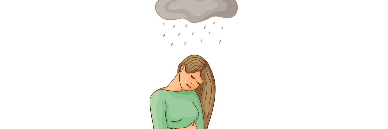 How Being Chronically Ill Negatively Impacts Your Mental Health An illustration of a woman wearing a dress and looking down. A rain cloud floats over her head