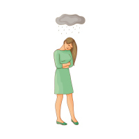 An illustration of a woman wearing a dress and looking down. A rain cloud floats over her head