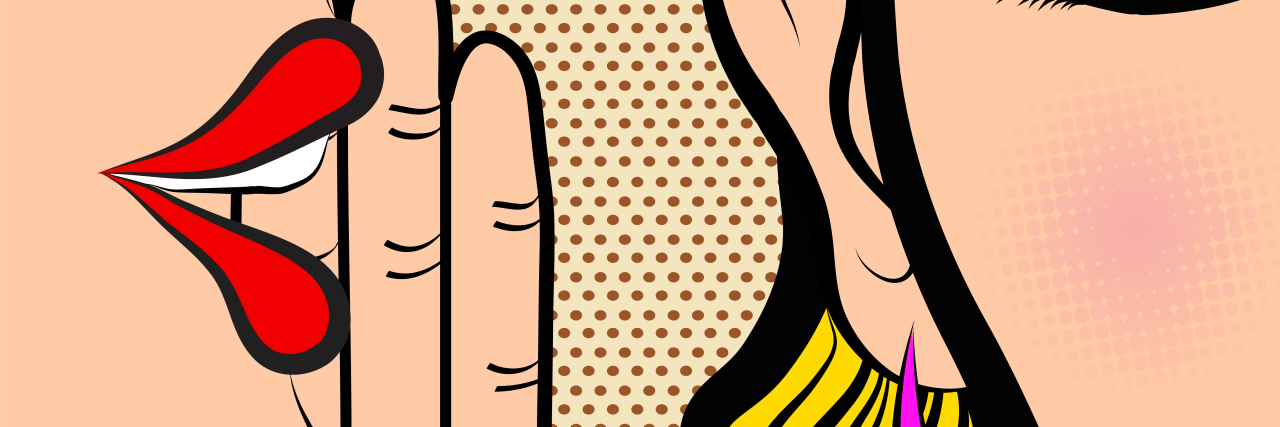 pop art style, someone whispering in another woman's ear