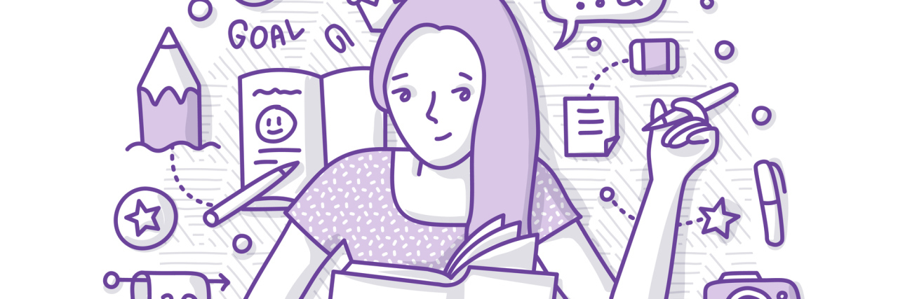 Learning Who I Am Aside From a Parent to a Child With a Rare Disease Illustration of young woman, making notes in journal, writing her diary capturing memories of life. Hand writing and journaling doodle concept.