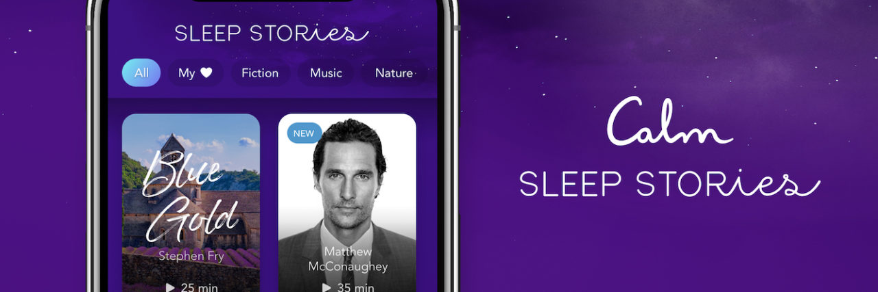 Celebrities With Soothing Voices That Will Lull You to Sleep Calm app Sleep Stories screenshot on phone with purple background