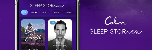 Calm app Sleep Stories screenshot on phone with purple background