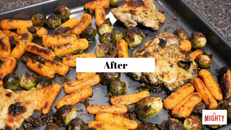 chicken and veggies on sheet pan after