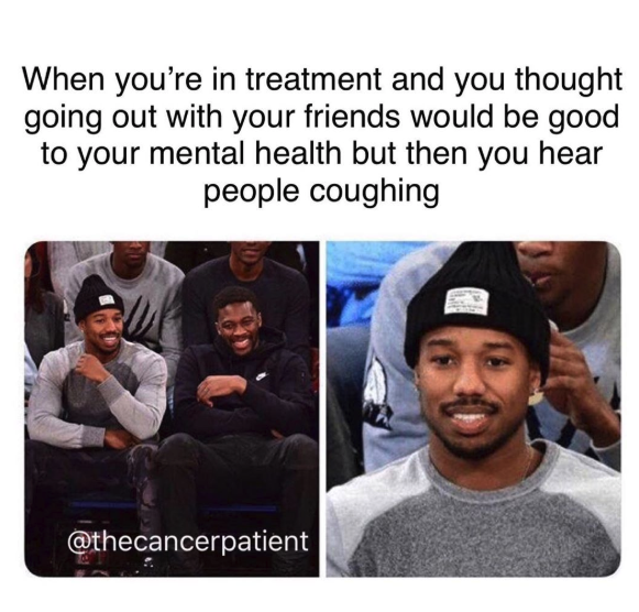 when you're in treatment and thought going out would be a good idea then you hear people coughing. photo of michael b jordan at basketball game looking worried