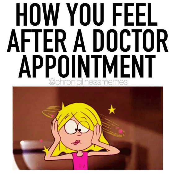 how you feel after a doctor's appointment, head spinning cartoon girl