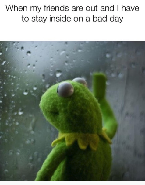 kermit looking out rainy window, when friends go out and you have to stay inside