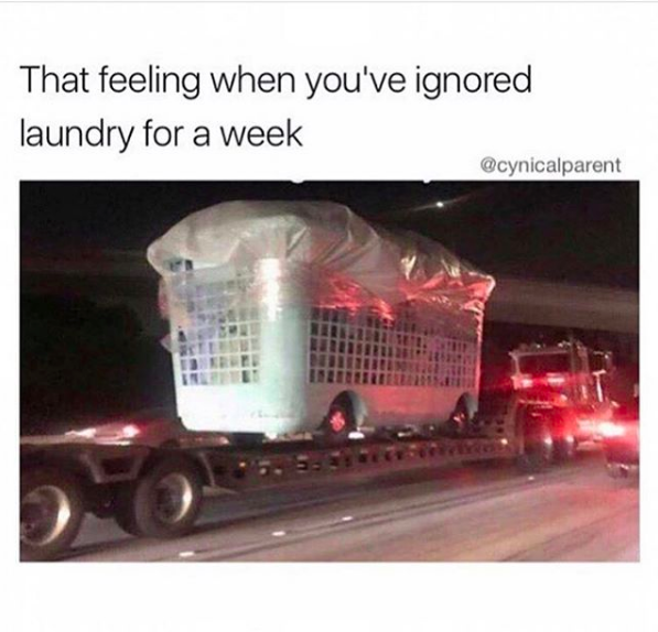 that feeling when you've ignored laundry for a week: image of 18-wheeler carrying what looks like a giant laundry basket on its bed
