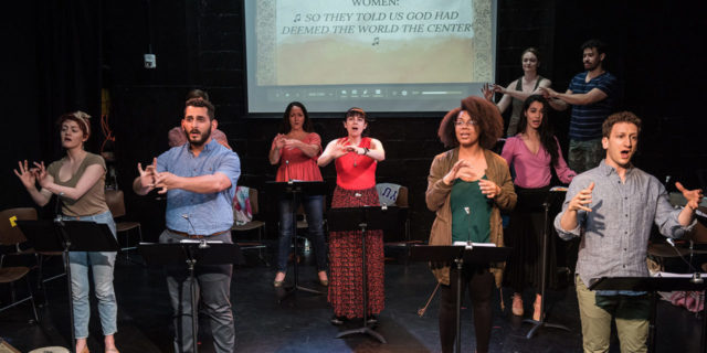 The Deaf and hearing cast of the musical "Stepchild" perform at IRT Theater. The musical combines singing, music and American Sign Language.