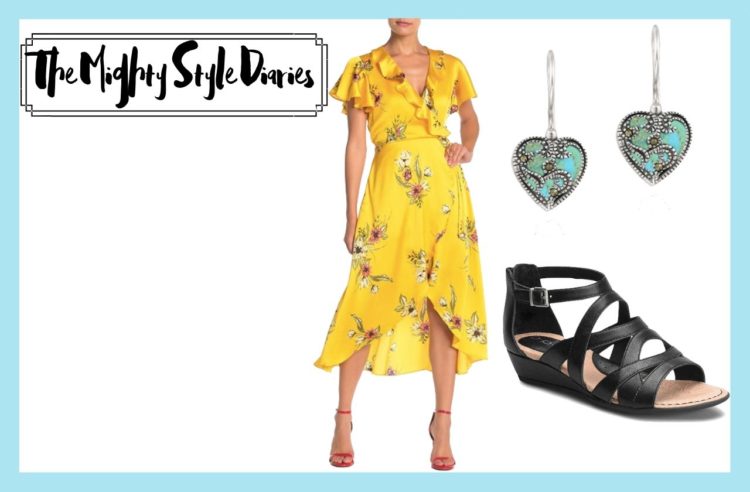 yellow dress, black sandals and turquoise heart earrings