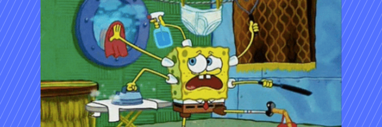 spongebob squarepants cleaning multiple things at once using five arms and a leg