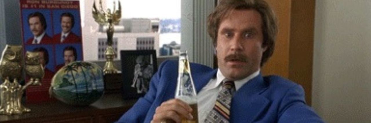 Life With Narcolepsy – as Told by 'Anchorman' GIFs Ron Burgundy from Anchorman, sitting at his desk and holding a beer