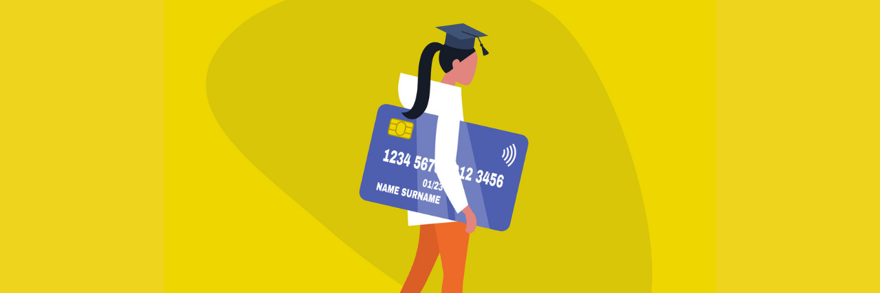 A woman holding a big credit card, with a ball and chain attached to her fit. She's wearing a graduation cap, representing student debt