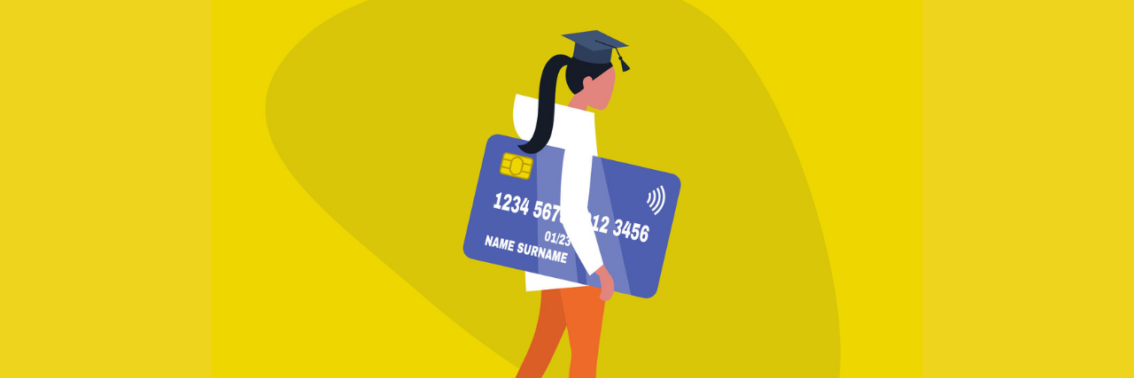 Student Debt Forgiveness Helps People With Chronic Illnesses A woman holding a big credit card, with a ball and chain attached to her fit. She's wearing a graduation cap, representing student debt