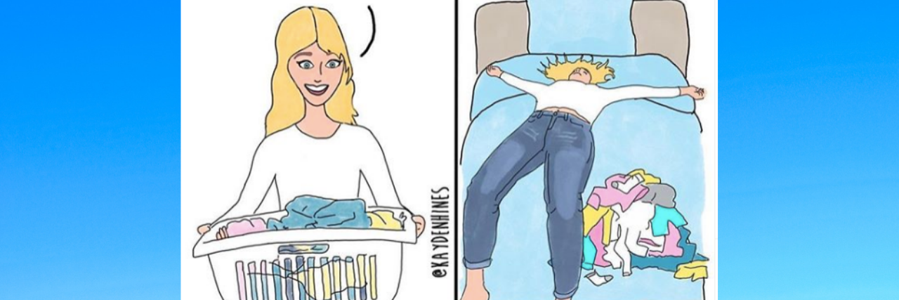 Memes That Describe Doing Laundry With an Illness cartoon of a woman. on the left she's holding a laundry basket and saying "I'm going to fold and put away all my laundry today!" on the right the caption says "me after folding one shirt" and the woman is sprawled on her bed next to the pile of clothes