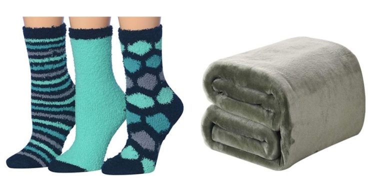 teal and black socks, and green blanket