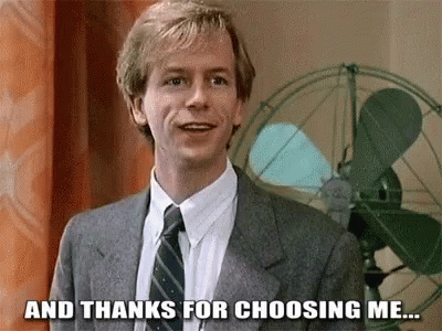 Image of David Spade from "Tommy Boy" sarcastically saying, "And thanks for choosing me..."