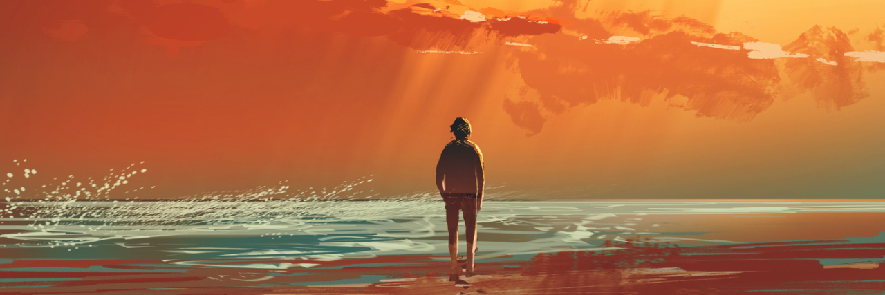 lonely man standing on the sea under sunset sky, illustration painting