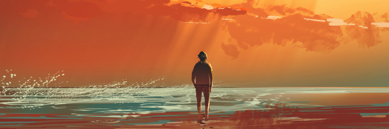 The Phrases and Mantras That Helped Me Battle Depression lonely man standing on the sea under sunset sky, illustration painting