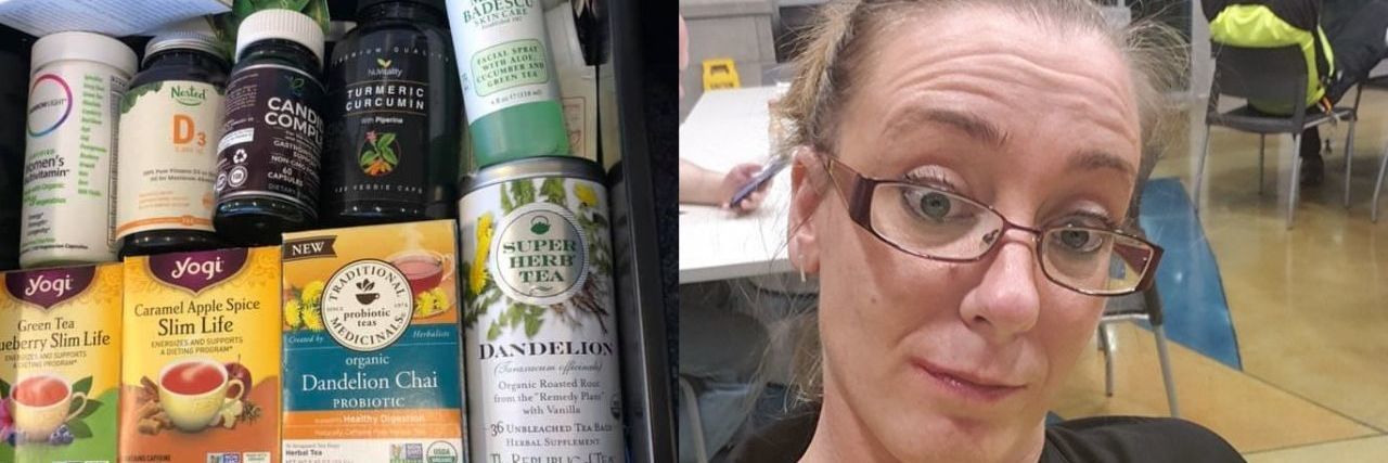 19 Photos That Show What Working Looks Like With Chronic Illness tea and vitamins with woman looking at camera