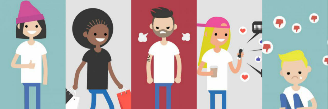 5 Types of Borderline Personality Disorder. 5 vector-drawn individuals in various states of emotion: one is happy with a thumbs up, one is happily carrying shopping bags, one is angry, one is happily checking their phone and holding a cup of coffee, and one is crouched down and sad.