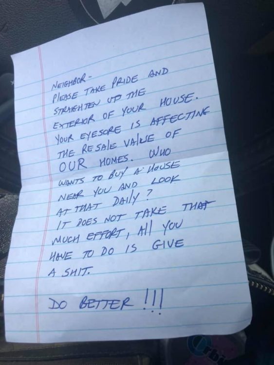 note telling neighbor to clean up the exterior of her house