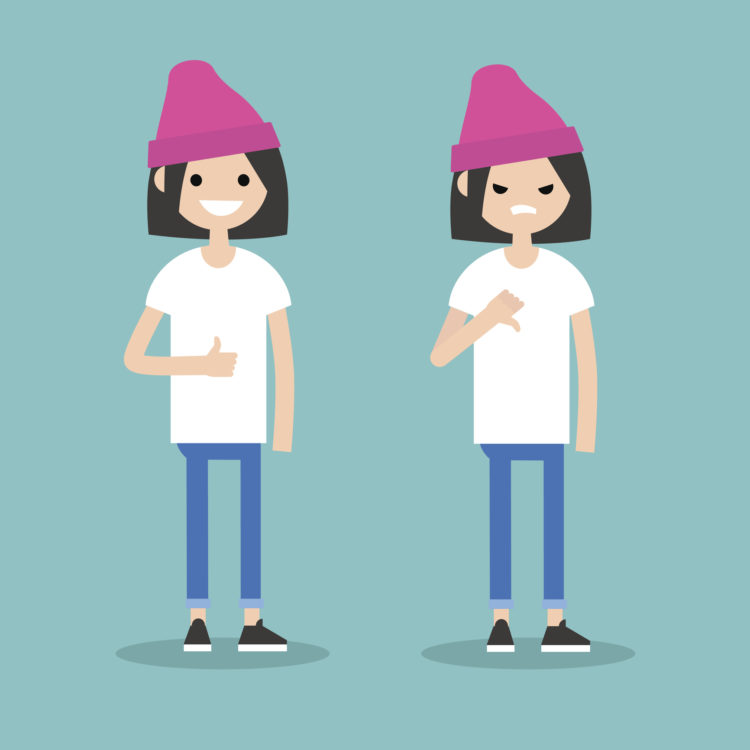 Thumbs up and thumbs down. Yes or No conceptual illustration. Excited girl vs Displeased girl / editable flat vector illustration / editable flat vector illustration