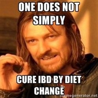Picture of man with long blonde hair. Picture reads, "One does not simply cure IBD by diet change."
