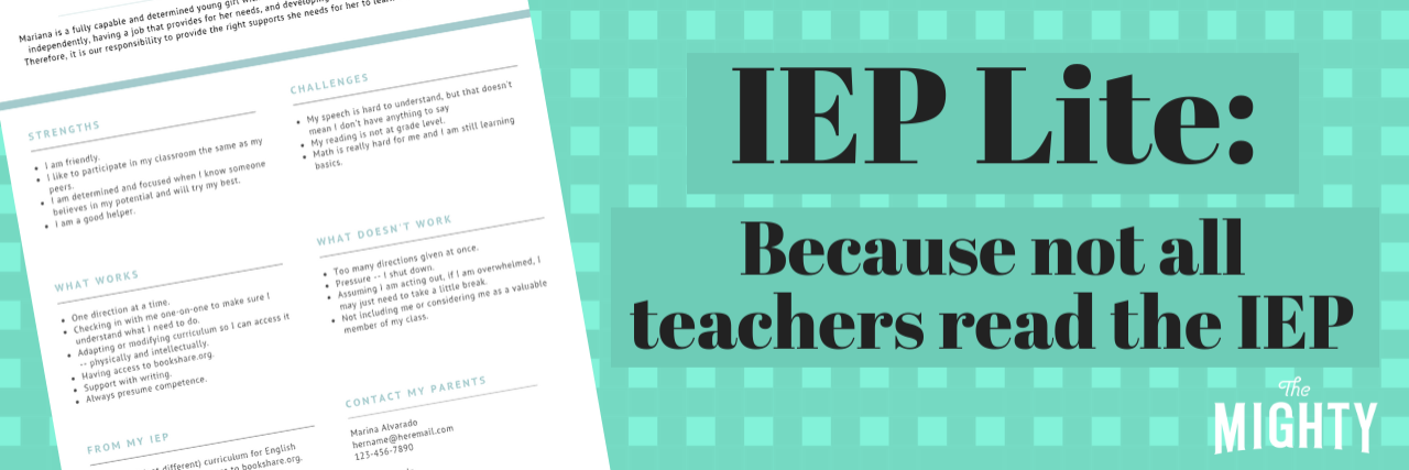 IEP Lite because not all teachers read the IEP, green background with a document that looks like a resume